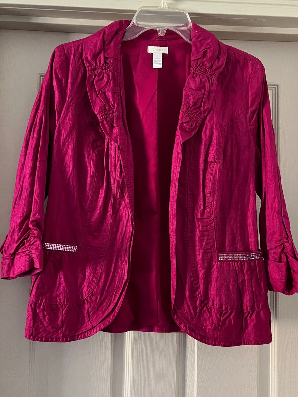Chico's Bright Fuchsia Ruffle-Trim Open Blazer size 1 (Med)